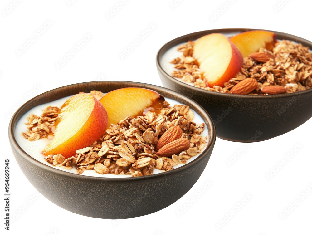 Yogurt bowls with granola, peaches, almonds, and honey on white background. Yogurt bowls with granola, peaches, almonds, and honey on white background.