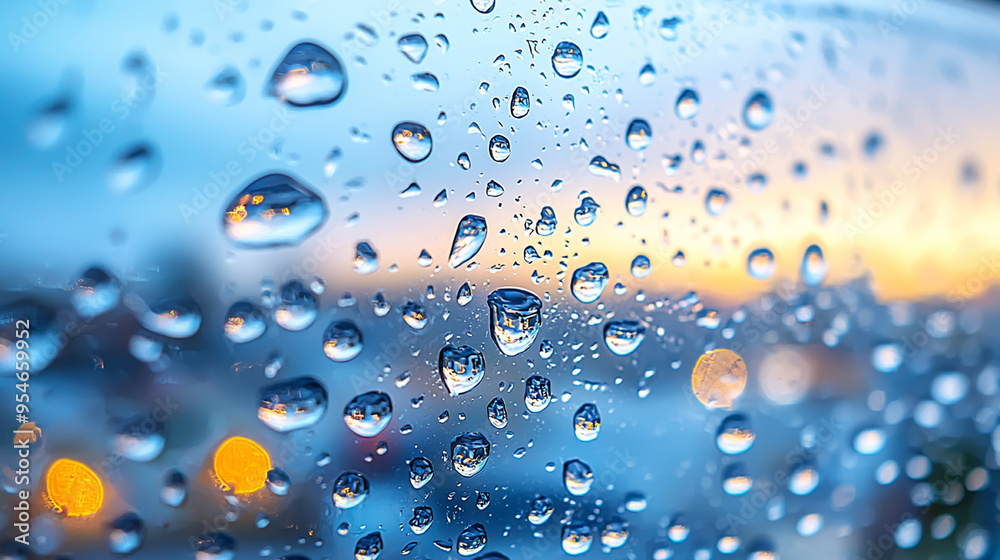 Raindrops on Window with Blurred Urban Cityscape at Sunset Raindrops on Window with Blurred Urban Cityscape at Sunset