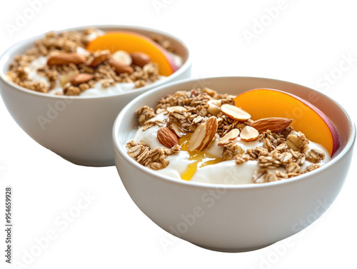 Yogurt bowls with granola, peaches, almonds, and honey on white background. photo