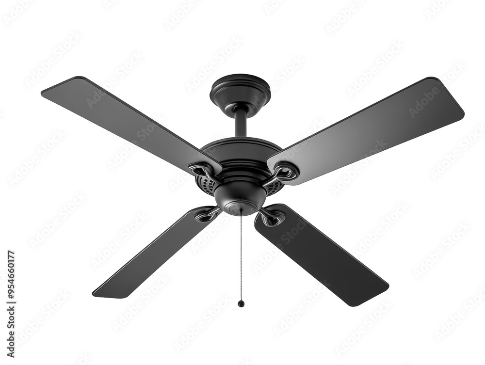 Black ceiling fan with four blades, isolated on white background, minimalistic design PNG transparent. Black ceiling fan with four blades, isolated on white background, minimalistic design PNG transparent.