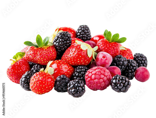 Assorted fresh berries, isolated on white background, high detail, vibrant colors PNG transparent.