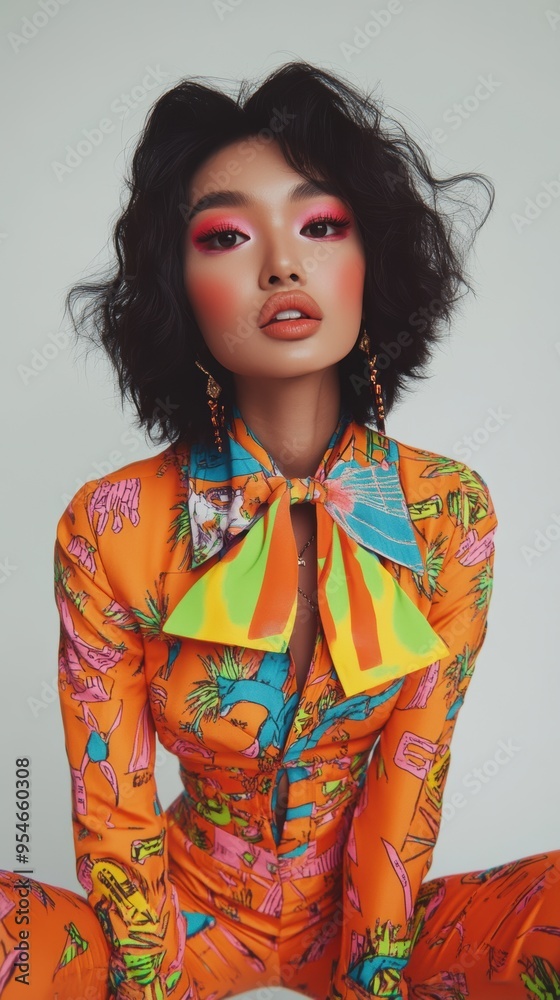 An Asian woman presents a striking look in a colorful jumpsuit adorned with lively patterns while showcasing bold makeup and accessories