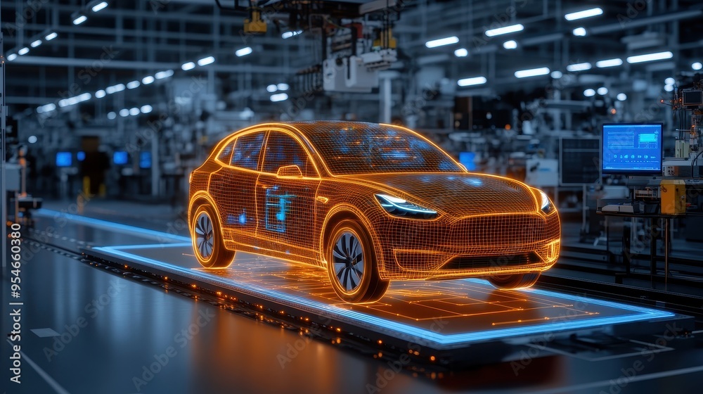 Futuristic electric vehicle design displayed in a modern manufacturing environment showcasing technology and innovation. Futuristic electric vehicle design displayed in a modern manufacturing environment showcasing technology and innovation.