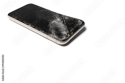 Broken cracked curved phone smartphone closeup isolated on white background with shadow, side view diagonally from button side. On the phone smartphone sat on and broke. photo