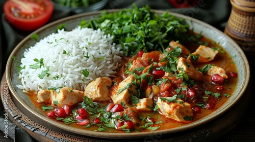 Iranian Fesenjan: A rich and flavorful Fesenjan stew with chicken, pomegranate molasses, and walnuts, served with rice. 