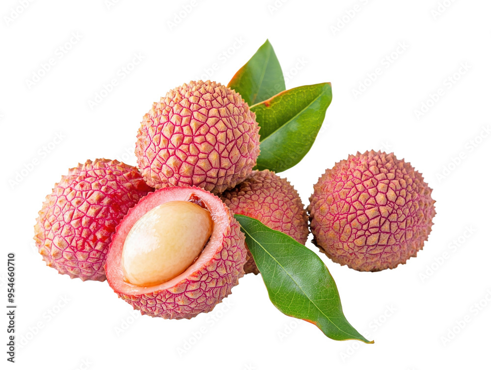 Lychee fruits, whole and peeled, with leaves on white background. PNG transparent.