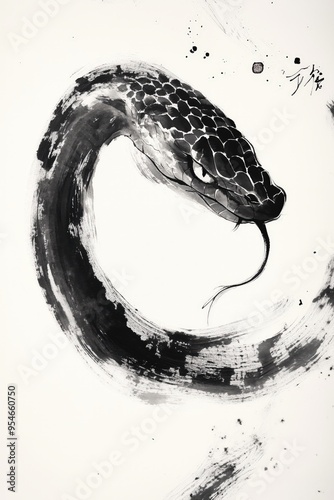 Black and white snake ink art - dynamic serpentine movement in traditional style. Year of the Snake. Chinese New Year card with space for text. photo