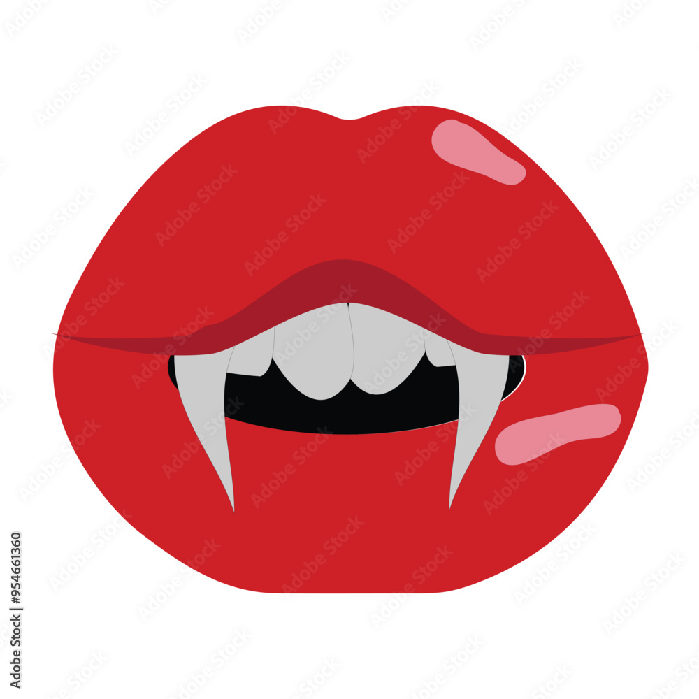 Vampire mouth with fangs vector icon. Cartoon open female red lips with long pointed teeth  expression emotion isolated on white background