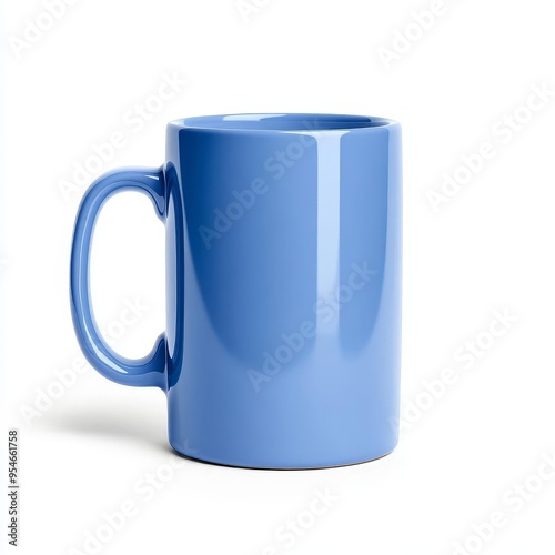 Blue ceramic mug with a handle, isolated on white background.