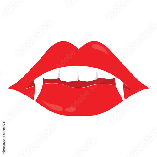 Vampire mouth with fangs vector icon. Cartoon open female red lips with long pointed teeth  expression emotion isolated on white background