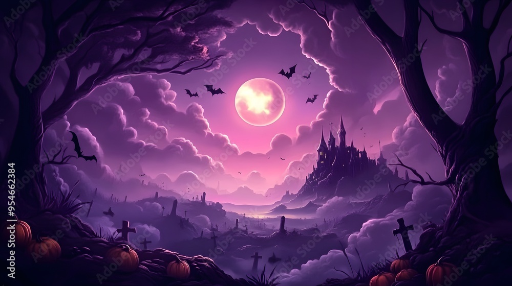 Haunted Graveyard with Full Moon and Gothic Castle, Ideal for Halloween Dark Theme Wallpaper Haunted Graveyard with Full Moon and Gothic Castle, Ideal for Halloween Dark Theme Wallpaper
