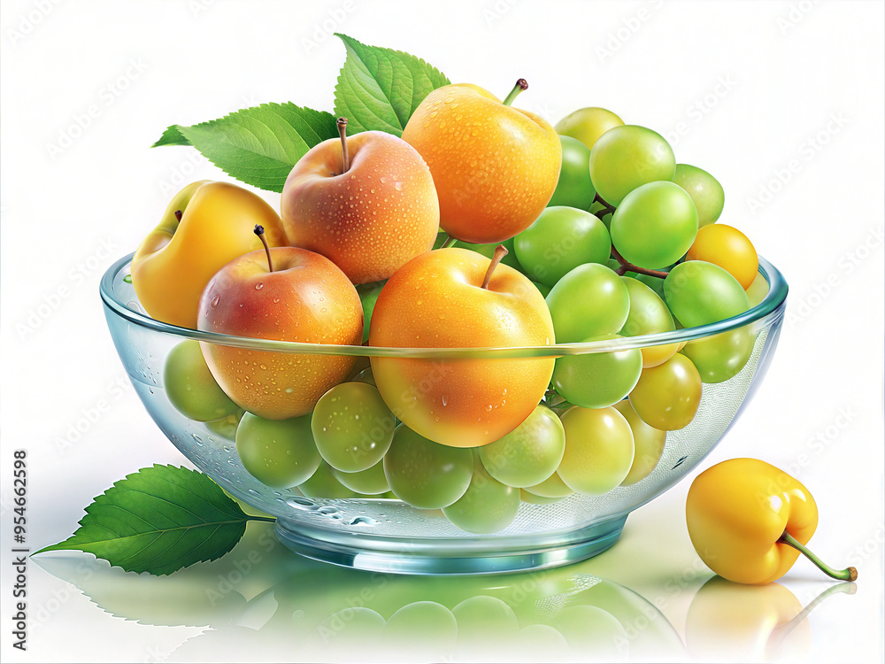 Freshly washed grapes and yellow plums in glass fruit bowl showcasing colorful gradient of purple and yellow hues Freshly washed grapes and yellow plums in glass fruit bowl showcasing colorful gradient of purple and yellow hues