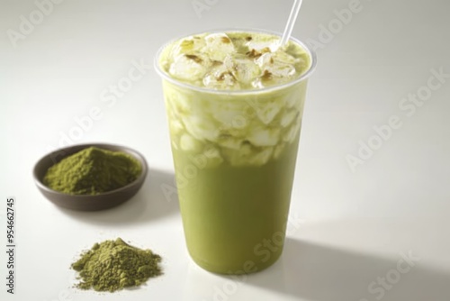 Refreshing Iced Matcha Green Tea Latte with Milk Foam and Powder, Isolated on White Background