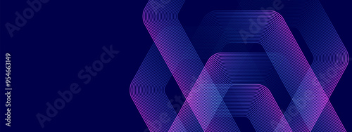 Abstract glowing hexagonal lines on dark blue background. Digital futuristic technology concept. Geometric stripe line art design for poster, brochure, cover, website, header, banner.