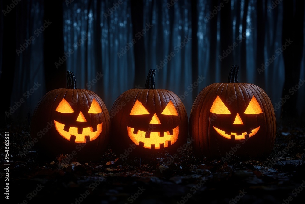 Spooky glow of carved pumpkins in a dark forest, perfect for Halloween decor and celebration themes.