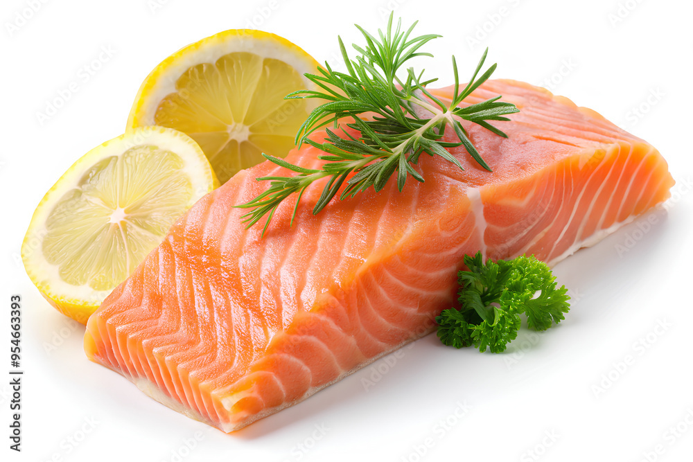 Fresh salmon steak with a lemon wedge and herbs, isolated on white background Fresh salmon steak with a lemon wedge and herbs, isolated on white background