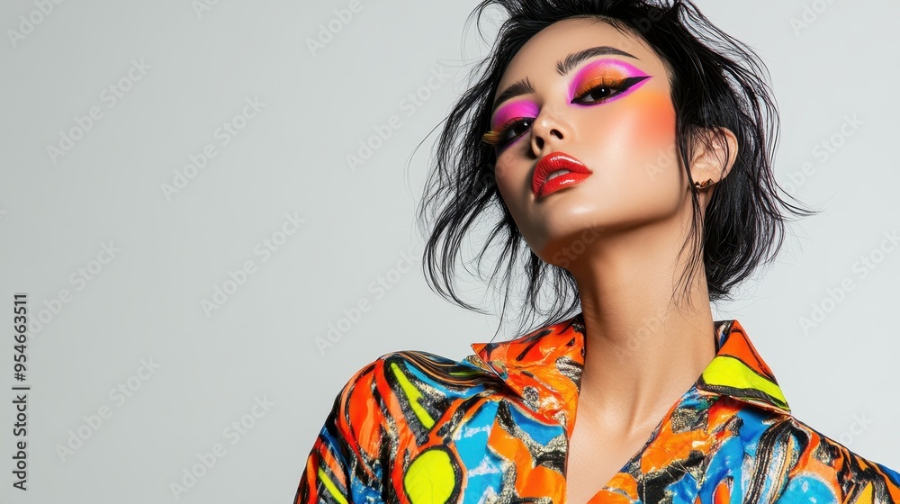 An Asian woman embraces her style with a vibrant jumpsuit and striking makeup, showcasing her confident pose against a minimalist background An Asian woman embraces her style with a vibrant jumpsuit and striking makeup, showcasing her confident pose against a minimalist background
