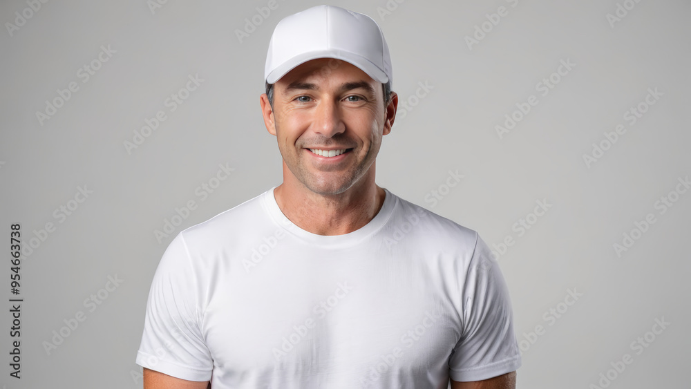 Man wearing white t-shirt and white baseball cap isolated on grey background Man wearing white t-shirt and white baseball cap isolated on grey background