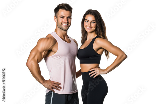 A man and woman standing side by side, wearing sportswear, isolated on a transparent background.