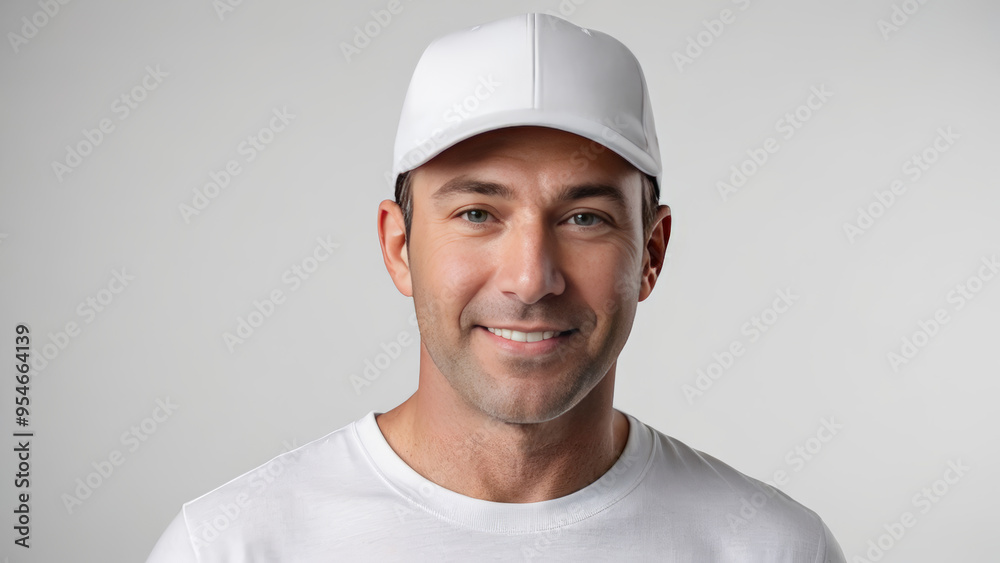 Man wearing white t-shirt and white baseball cap isolated on grey background Man wearing white t-shirt and white baseball cap isolated on grey background