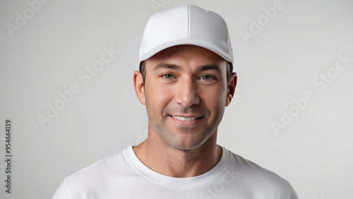 Man wearing white t-shirt and white baseball cap isolated on grey background