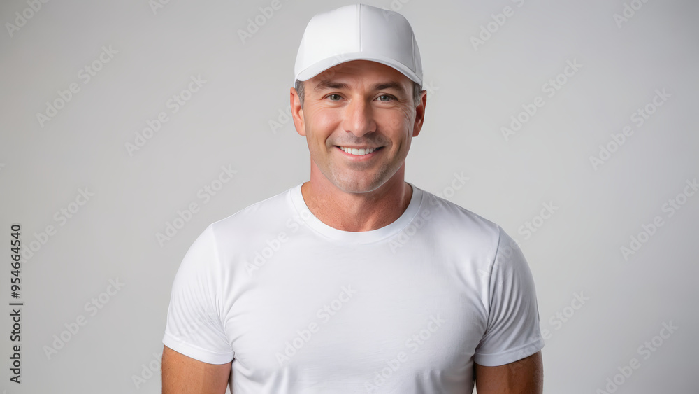 Man wearing white t-shirt and white baseball cap isolated on grey background Man wearing white t-shirt and white baseball cap isolated on grey background
