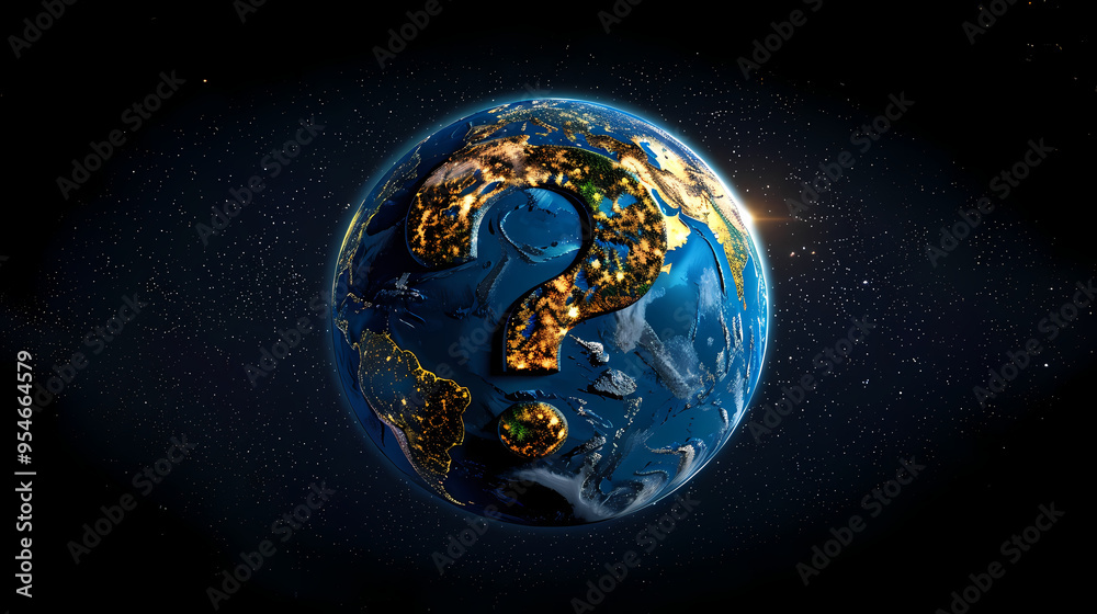 Naklejka premium Earth's Golden Enigma: A solitary question mark, rendered in gleaming gold, overlays a detailed Earth in space, prompting contemplation about our planet's future. 