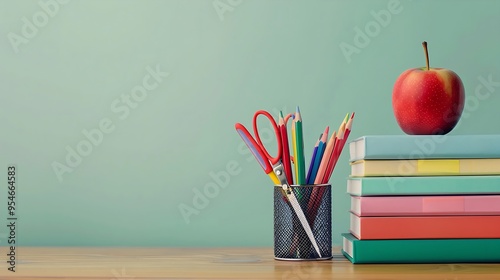 Back to school concept with pencils, scissors, an apple and a stack of books on a wooden desk against a teal background.