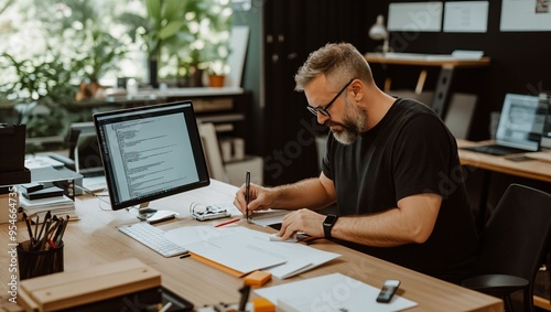 A focused professional immersed in work, surrounded by greenery and modern office elements, embodies dedication and creativity in a contemporary workspace.