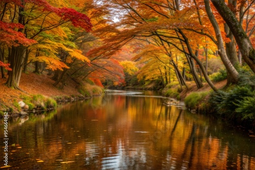 Tranquil Autumn River with Colorful Trees Reflected in Water