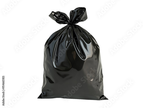 Black garbage bag tied on a white background. PNG transparent.