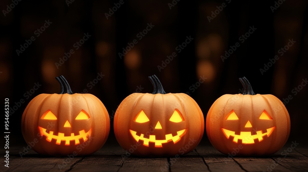 Three glowing jack-o'-lanterns with cheerful expressions, perfect for Halloween celebrations and autumn decor. Three glowing jack-o'-lanterns with cheerful expressions, perfect for Halloween celebrations and autumn decor.