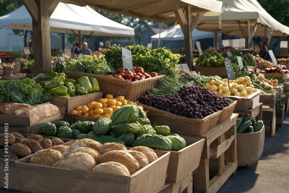 Organic Farmers Market: A vibrant farmers market with stalls selling organic produce, artisanal bread, and homemade goods. The scene is bustling with customers, and the produce is displayed in an invi Organic Farmers Market: A vibrant farmers market with stalls selling organic produce, artisanal bread, and homemade goods. The scene is bustling with customers, and the produce is displayed in an invi
