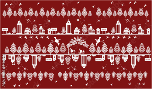 warli painting forest Warli painting in sight, jungle and city, Forest, and sun, animal, and snake and hoarding and tree,Modern tribal art Forest insight, big river around animal sun