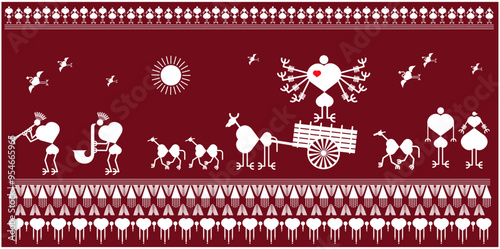 warli painting,  man harmony, embark on a melodic journey, where sacred sounds and rhythms guide them closer to the divine. With every note, their spirits soar, and their hearts beat as one