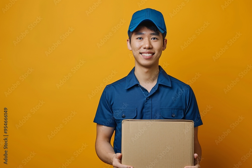 Smiling Asian Courier in Blue Uniform Holding Cardboard Box Against Solid Yellow Background Smiling Asian Courier in Blue Uniform Holding Cardboard Box Against Solid Yellow Background