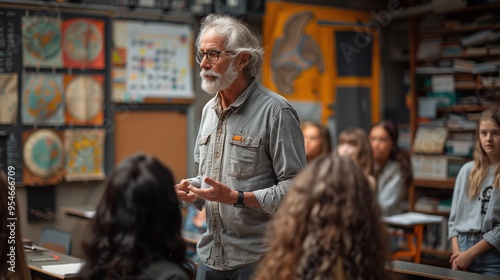 A male teacher stands at the board and conducts a lesson for middle school students in a school classroom. School education. Gaining knowledge. Learning. Lesson. Students and teacher.