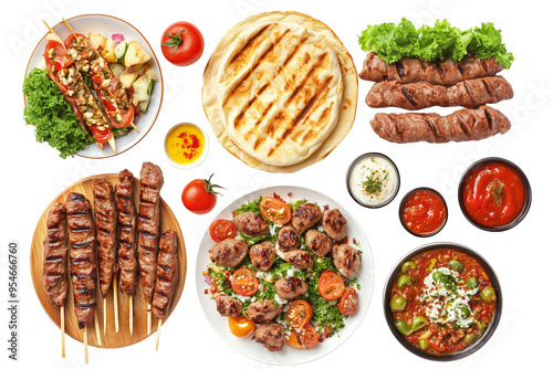 Set of a featuring various Turkish dishes such as kebab, Jonesburg, kami yum in the style of Character, isolated on a transparent background.