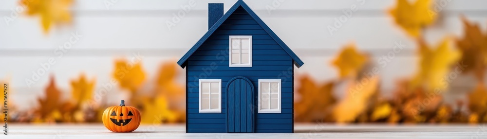 A blue toy house with a pumpkin decoration amidst autumn leaves, symbolizing a cozy fall atmosphere. A blue toy house with a pumpkin decoration amidst autumn leaves, symbolizing a cozy fall atmosphere.