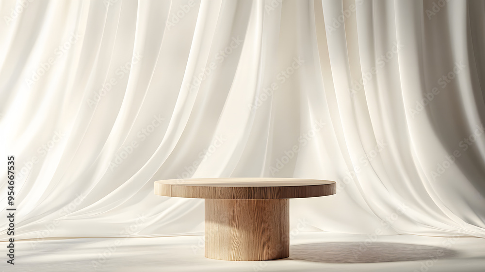 Empty modern round wooden podium side table in soft white blowing drapery curtain drapes in sunlight for luxury cosmetic, skincare, beauty treatment, fashion product display background 3D Empty modern round wooden podium side table in soft white blowing drapery curtain drapes in sunlight for luxury cosmetic, skincare, beauty treatment, fashion product display background 3D