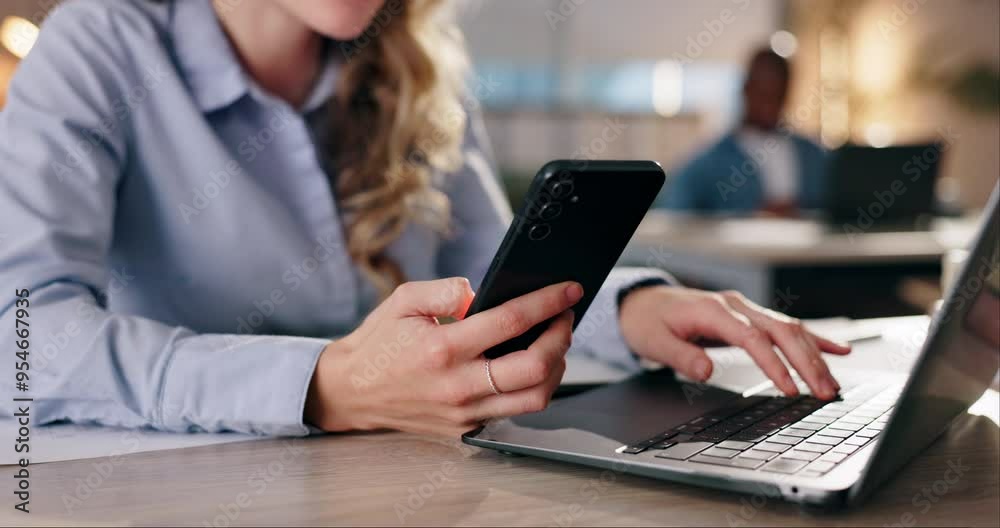 Hands, woman and phone with laptop in office for reading, bank information and online shopping on website. Female person, mobile pin and typing of e commerce payment, subscription or financial budget Hands, woman and phone with laptop in office for reading, bank information and online shopping on website. Female person, mobile pin and typing of e commerce payment, subscription or financial budget
