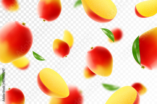 Flying ripe mango. Bright advertising background falling juicy fruit mango, realistic illustration with blurred effect. 3d vector design for advertising banners and web page design