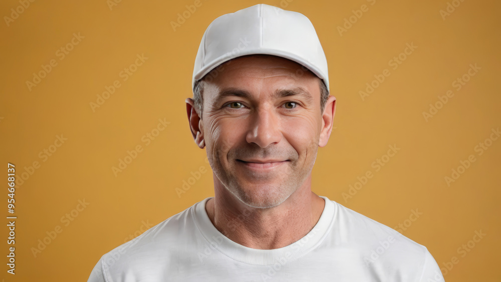 Man wearing white t-shirt and white baseball cap isolated on yellow background Man wearing white t-shirt and white baseball cap isolated on yellow background