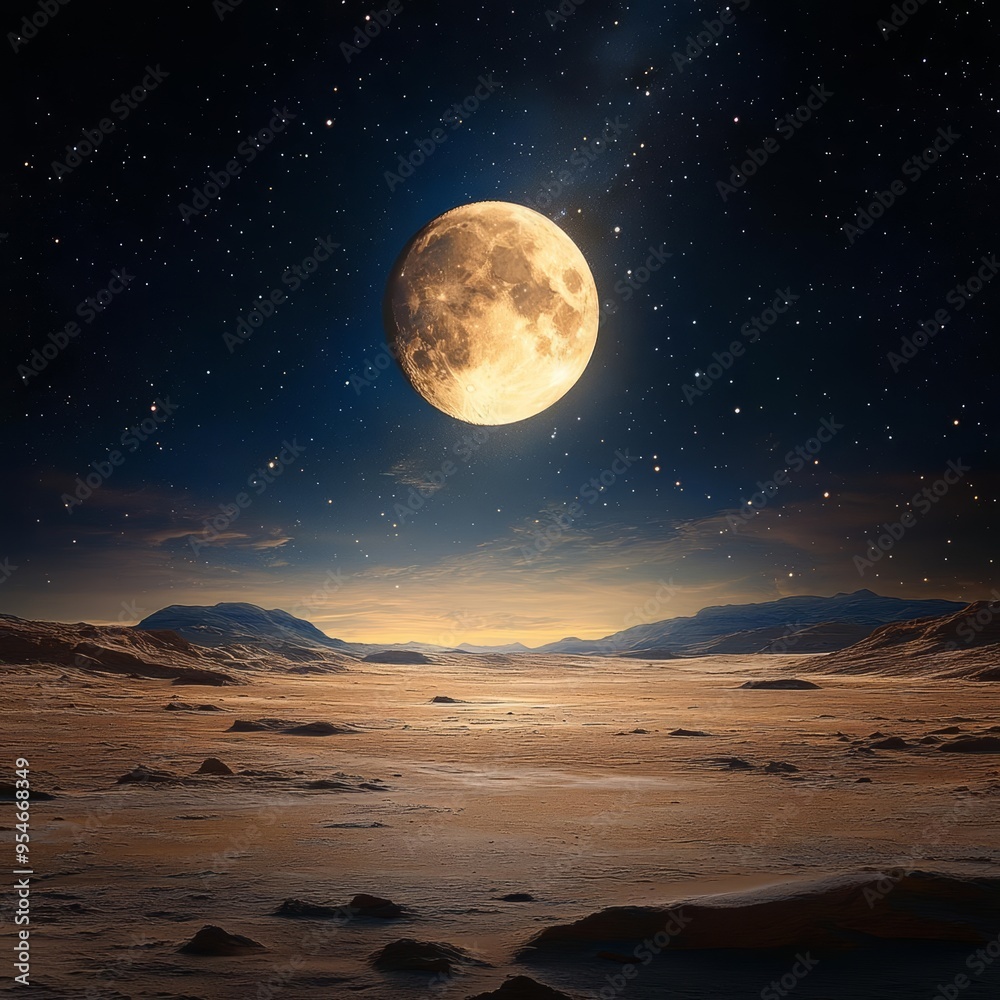 A serene night landscape featuring a large moon illuminating a vast, quiet terrain under a starry sky. A serene night landscape featuring a large moon illuminating a vast, quiet terrain under a starry sky.