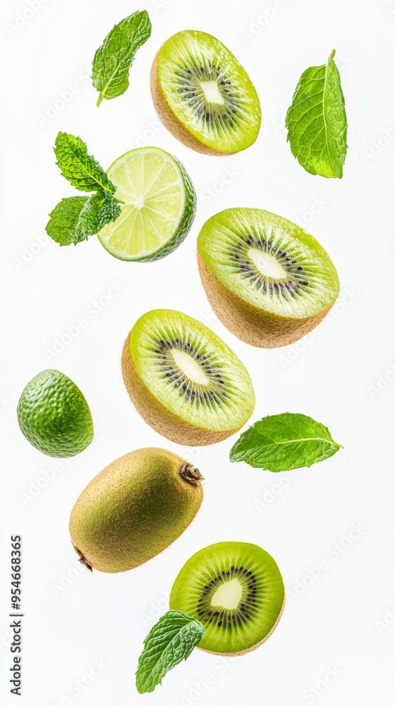 Flying fresh raw whole and sliced kiwi, lime and mint leaves on white background. Falling fruits Flying fresh raw whole and sliced kiwi, lime and mint leaves on white background. Falling fruits