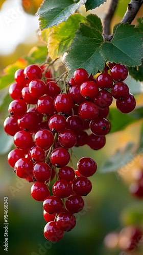 Closeup of a bunch of ripe red currants hanging from a branch. photo