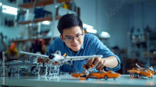 Asian male aerospace engineer working on an airplane model prototype. Research and development at Aeronautics factory office room.