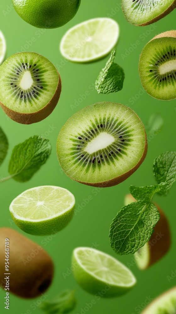 Flying fresh raw whole and sliced kiwi, lime and mint leaves on green background. Falling fruits Flying fresh raw whole and sliced kiwi, lime and mint leaves on green background. Falling fruits