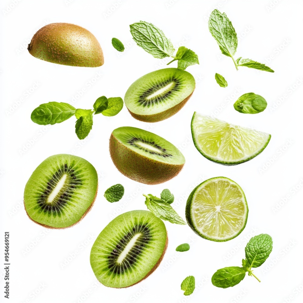 Flying fresh raw whole and sliced kiwi, lime and mint leaves on white background. Falling fruits Flying fresh raw whole and sliced kiwi, lime and mint leaves on white background. Falling fruits