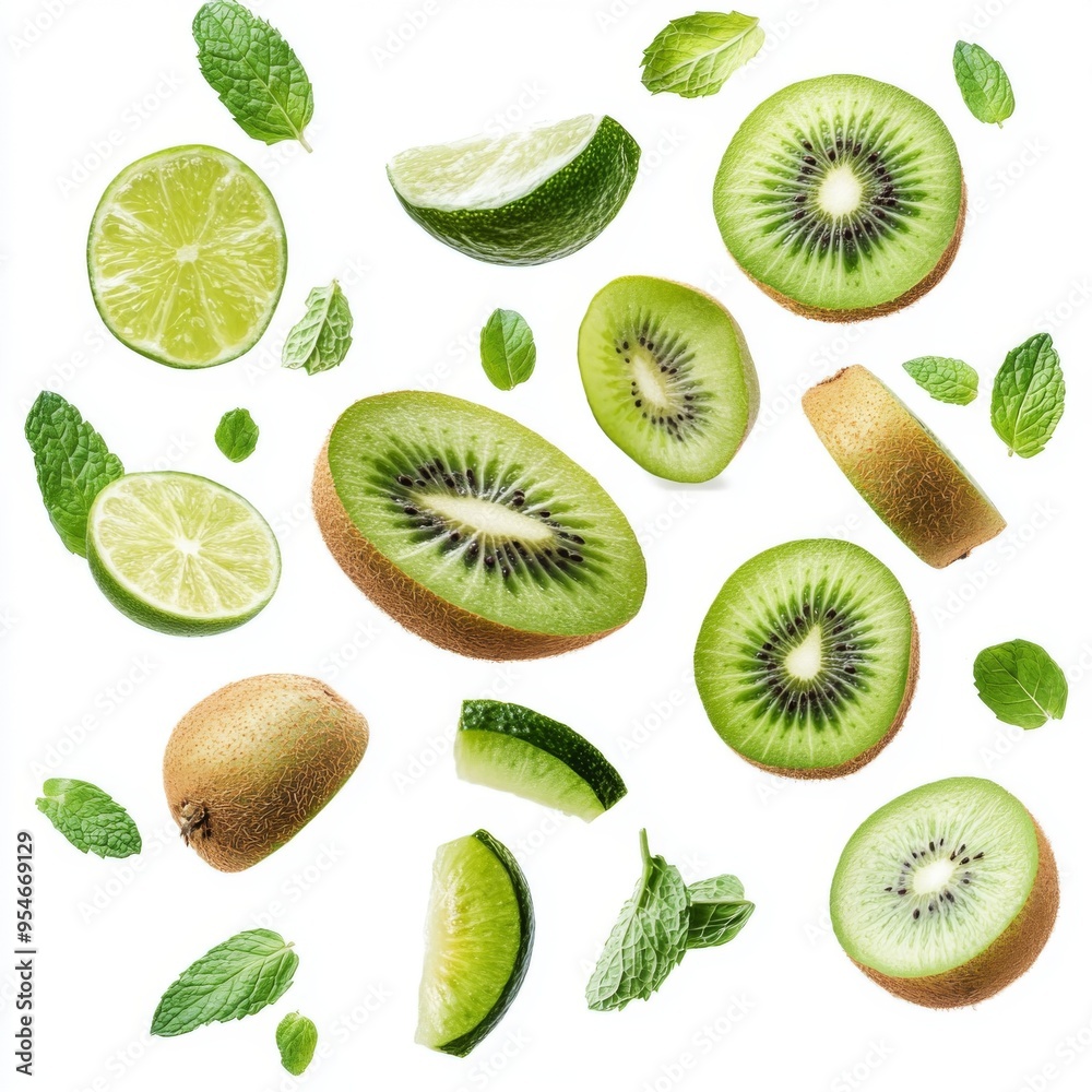 Fototapeta premium Flying fresh raw whole and sliced kiwi, lime and mint leaves on white background. Falling fruits